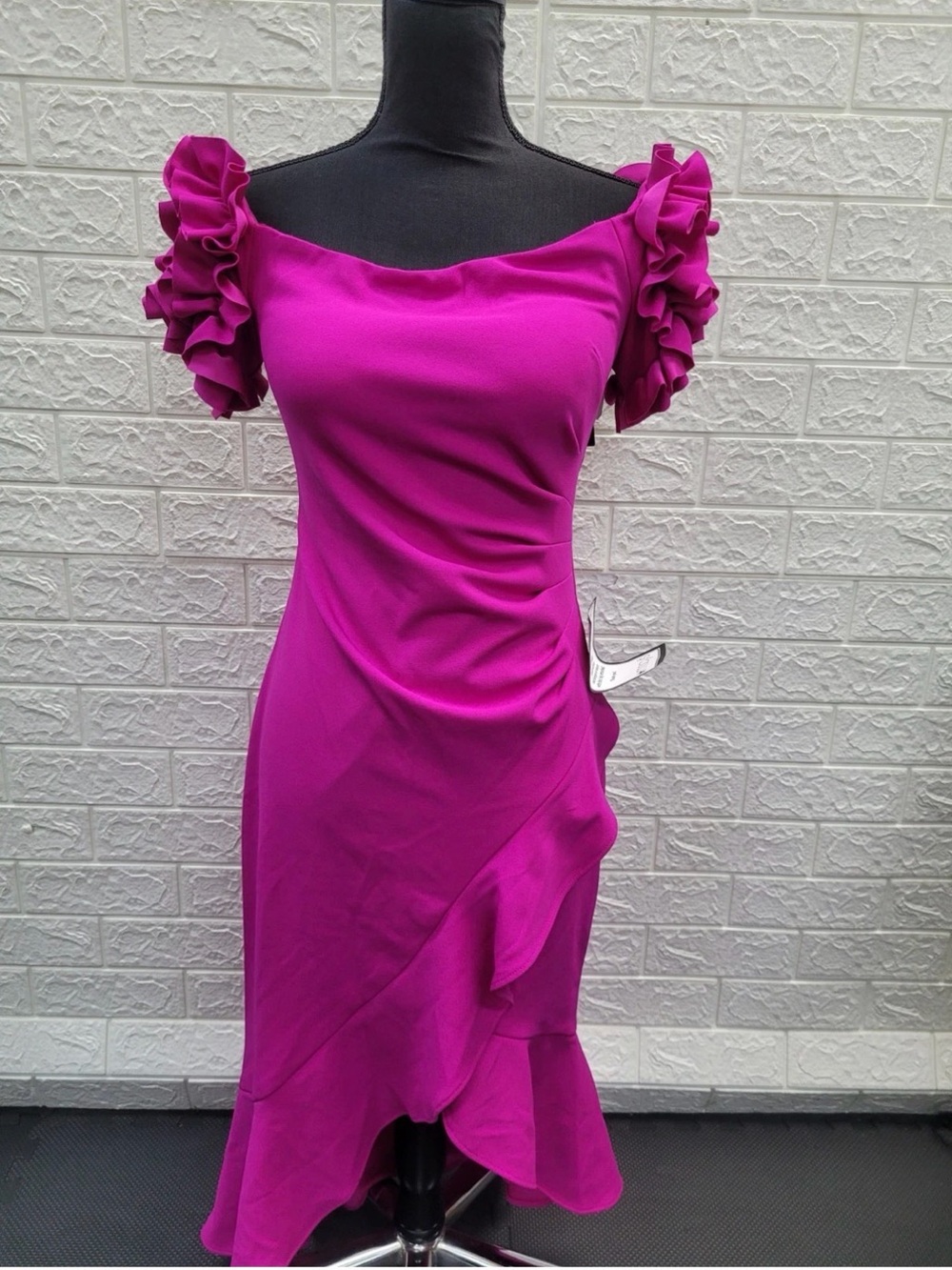 Xscape Off The Shoulder Scuba Midi Dress Fuchsia Ruffle Hem Cocktail Dress
